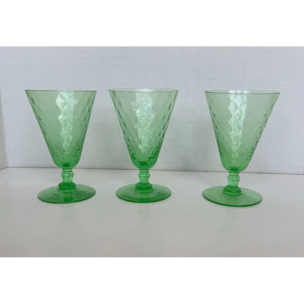 Vintage Green Uranium Footed Sundae Parfait Glasses Goblets Lot of 3 GLOWS